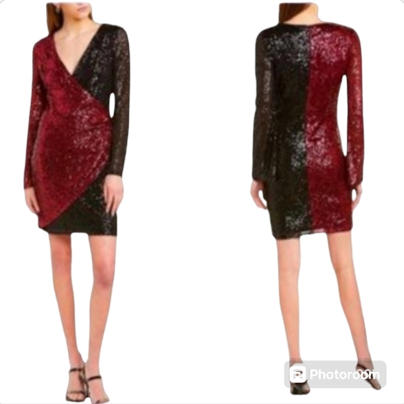 Laundry by Shelli Segal Color Block Long sleeves Sequin Cocktail Mini Dress - Picture 1 of 11